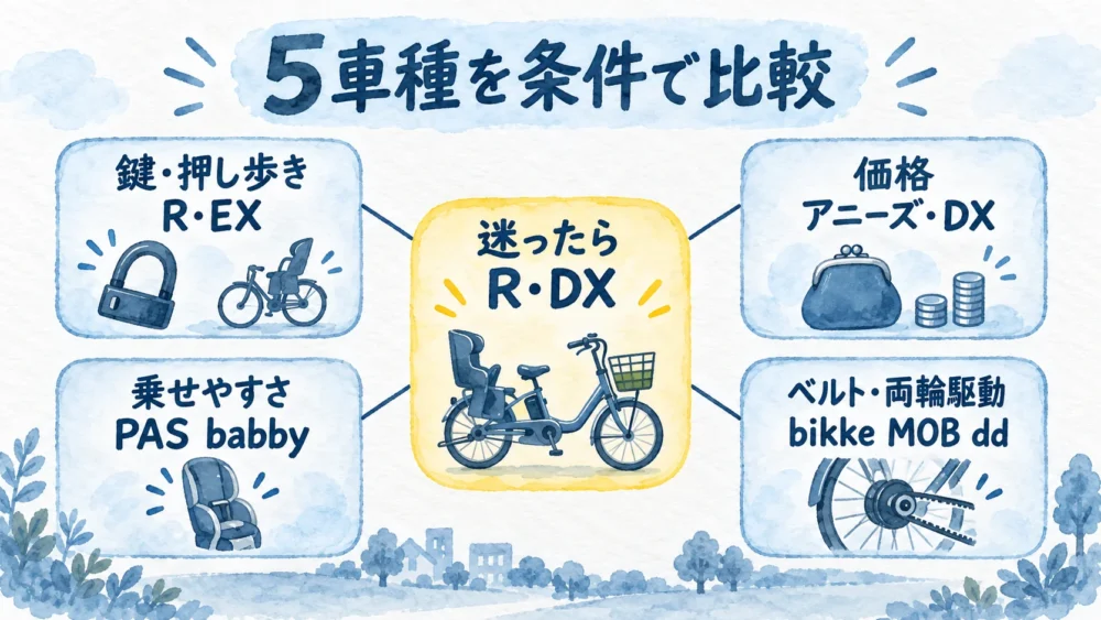 後ろ乗せ電動自転車5車種を条件別に整理した候補マップ