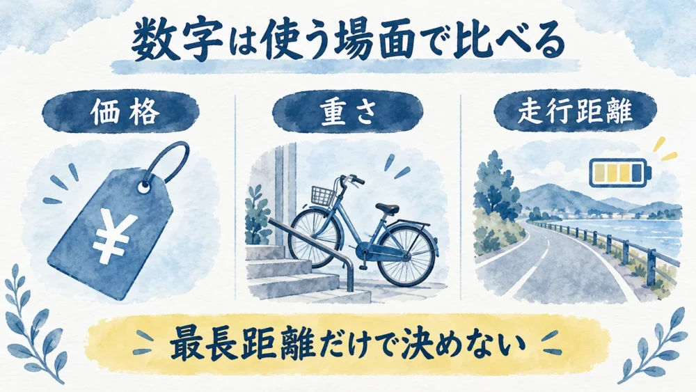 価格・重さ・走行距離を使用場面と合わせて比べる図