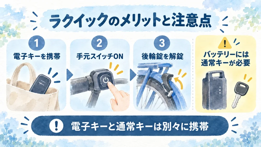 電子キーで後輪錠を解錠でき、バッテリーには通常キーが必要なことを示す図