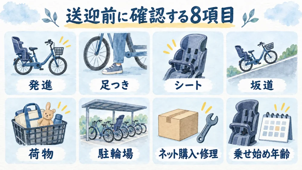 発進、足つき、シート、坂道、荷物、駐輪場、ネット購入・修理、乗せ始め年齢を確認する8項目の図