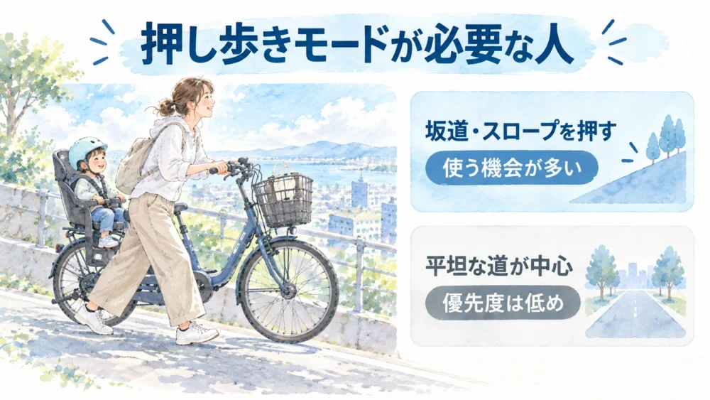 子どもを乗せた電動自転車を坂道で押す親子と、押し歩きモードが役立つ条件を示す図