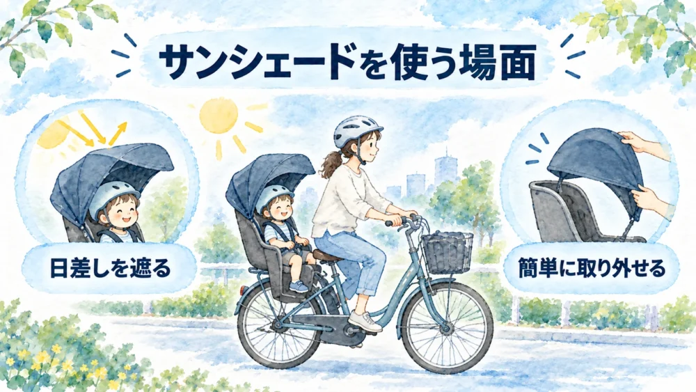 暑い日の送迎で後ろ用サンシェードを使う親子の水彩イラスト