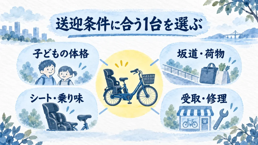 子どもの体格、坂道や荷物、シートと乗り味、受取方法と修理先から後ろ乗せ電動自転車を選ぶ図
