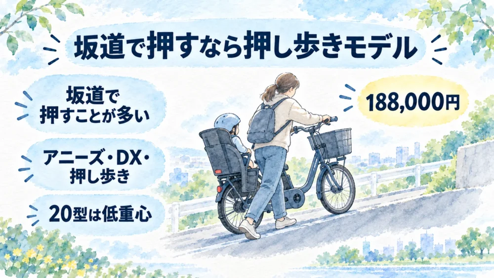 坂道で子どもを乗せたまま押す人に合う押し歩きモデル。画像内の価格は2026年モデル