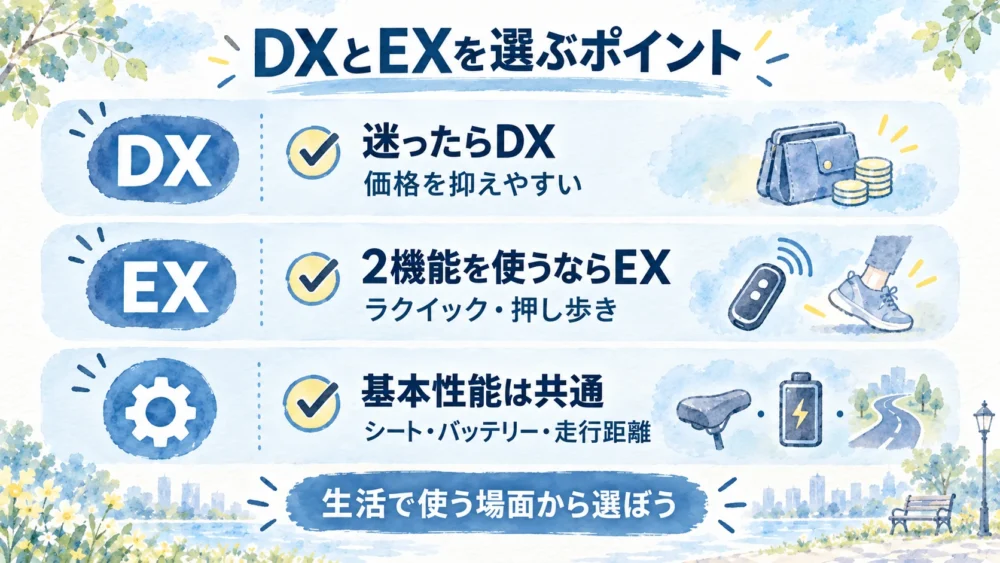 迷ったらDX、追加機能を使うならEXという選び方と共通する基本性能をまとめた図