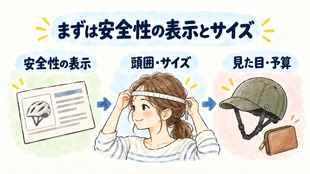 安全性の表示、頭囲に合うサイズ、見た目と予算の順に候補を絞るヘルメット選びの図解。