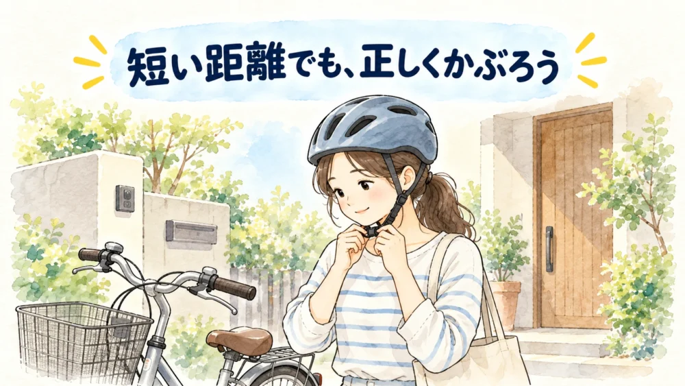 短い距離の移動でも自転車用ヘルメットをかぶり、出発前にあごひもを留める女性。