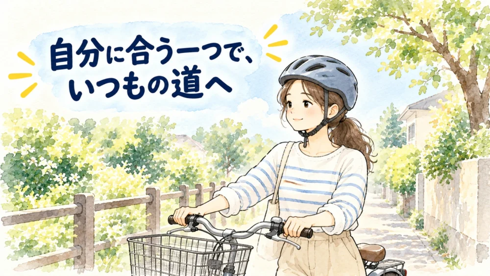 自分に合うヘルメットをかぶり、いつもの移動へ出かける女性と自転車。