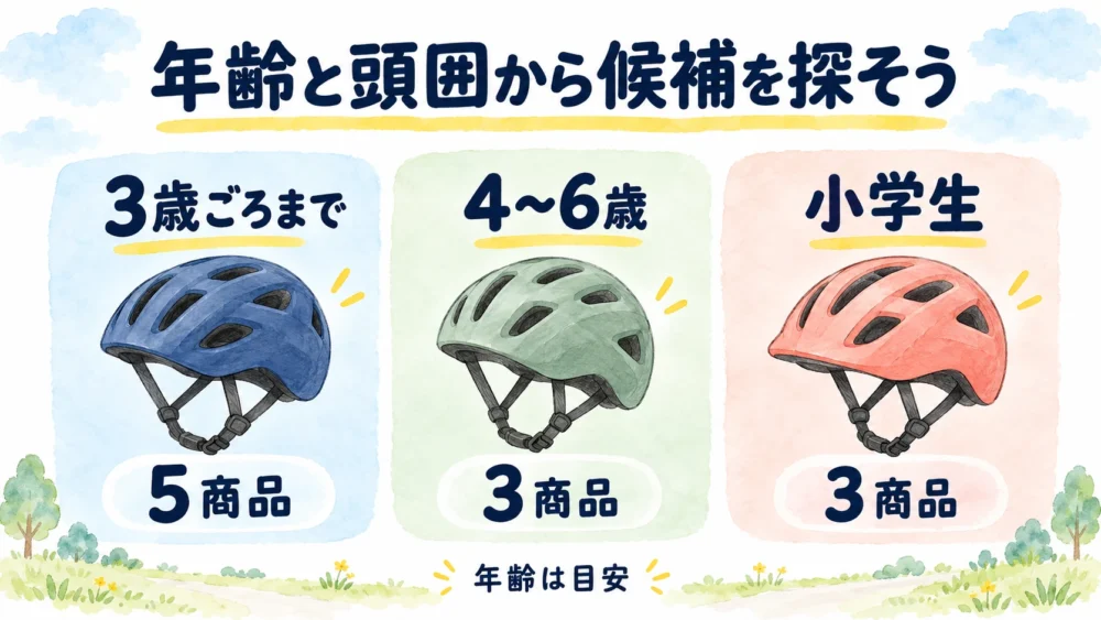 子ども用ヘルメット11商品の年齢別の内訳。年齢は目安