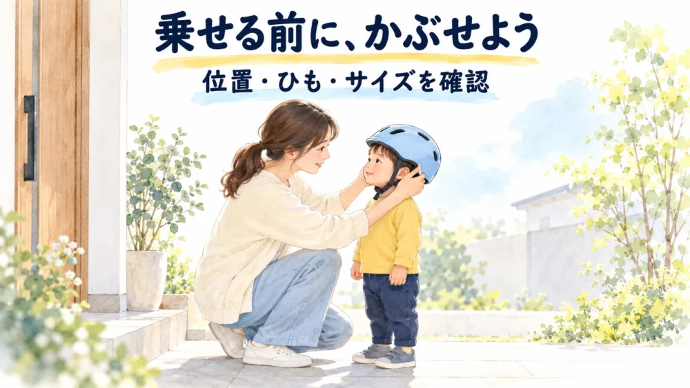 自転車に乗せる前に保護者が子どものヘルメットを確認する場面