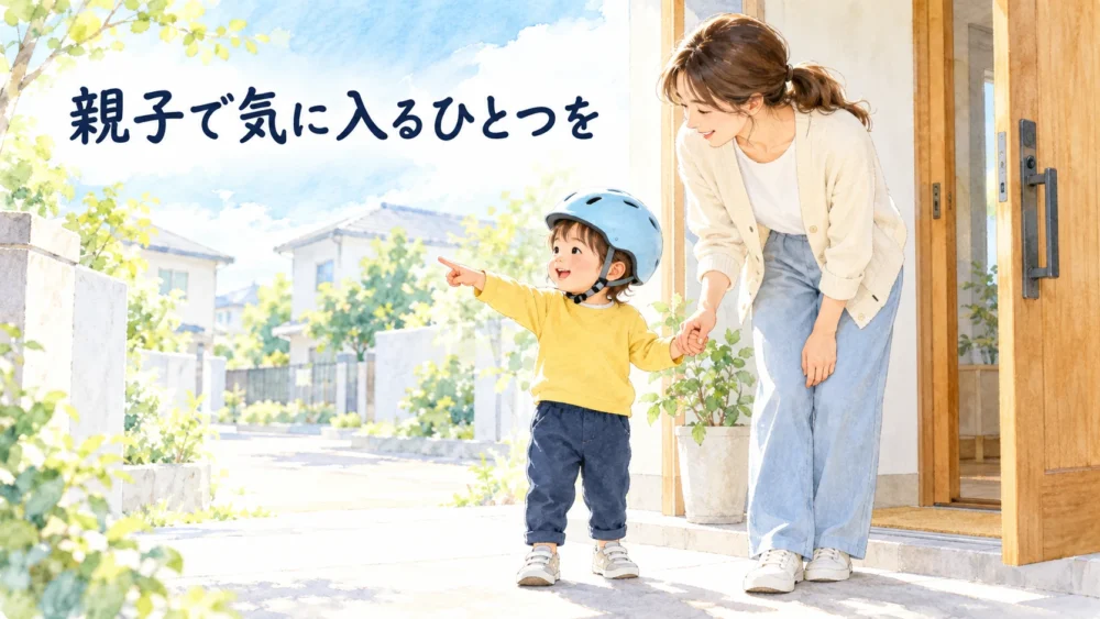 親子で選んだヘルメットを着けてお出かけに備えるイメージ
