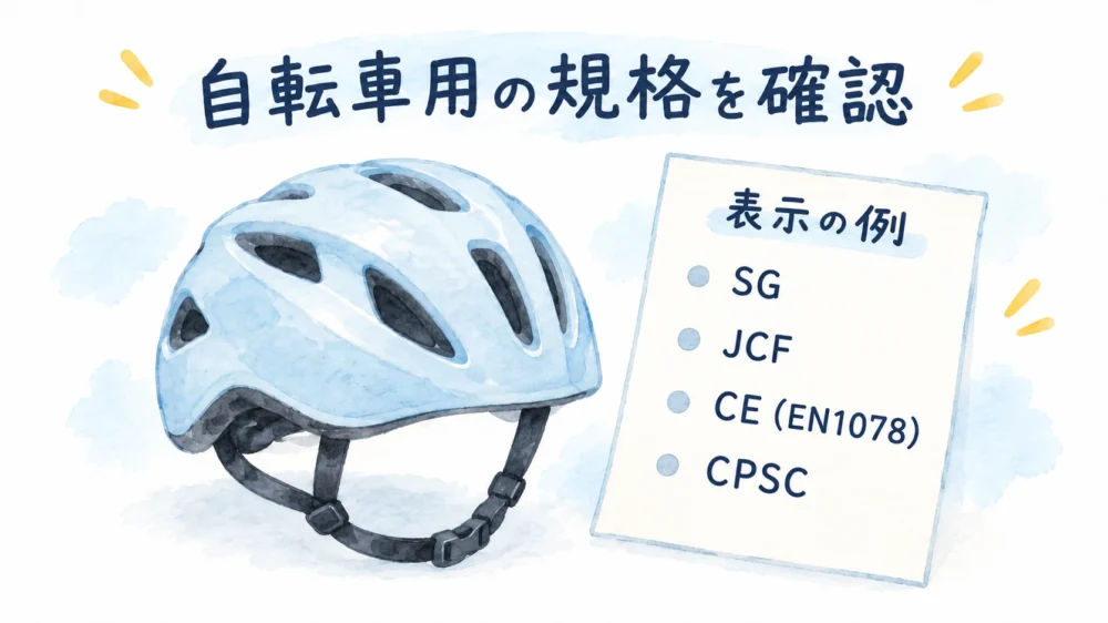 自転車用ヘルメットの安全規格の表示を確認するイメージ
