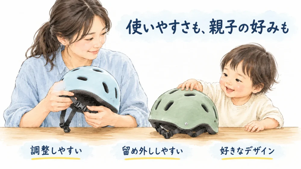 保護者がヘルメットの留め具を確認し子どもが好きな色を選ぶ場面