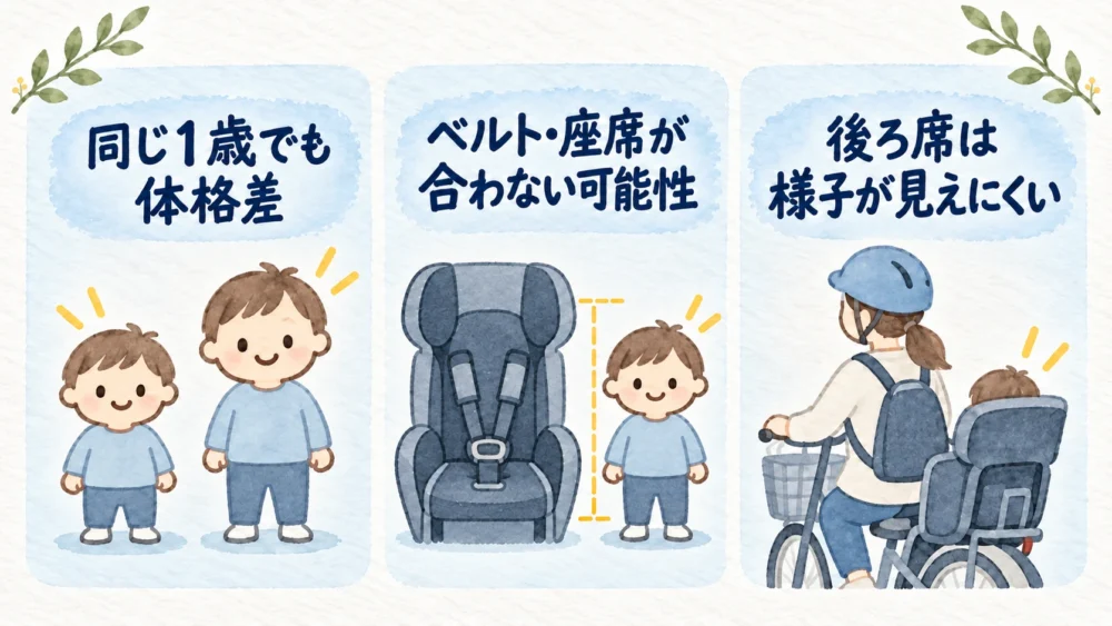 同じ1歳でも体格に差があり、座席やベルトが合わない可能性と、走行中に後ろ席を確認しづらい点を示す図解