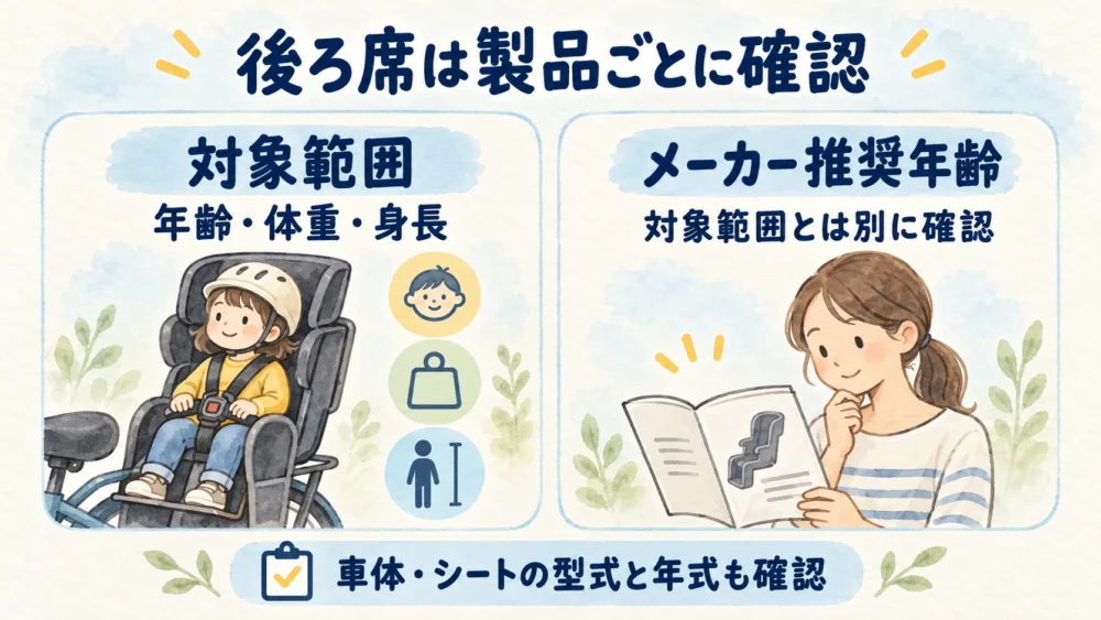 後ろ用シートの対象範囲（年齢・体重・身長）とメーカー推奨年齢を分け、車体とシートの型式・年式も確認する図解