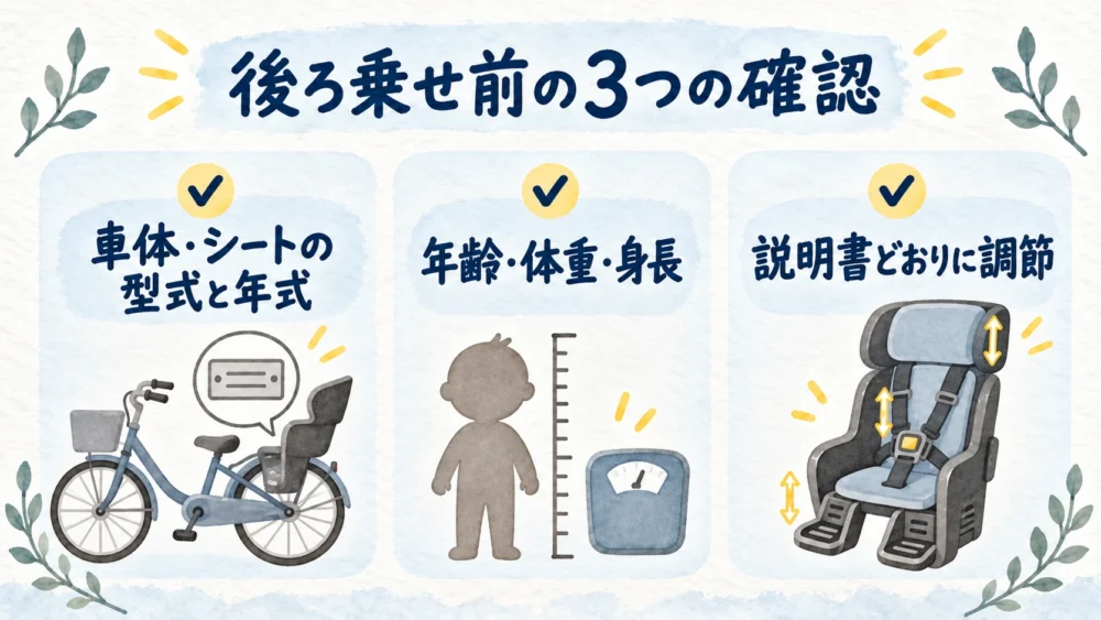 1歳から後ろ乗せを検討する際に確認する車体とシートの型式、子どもの年齢・体重・身長、説明書どおりの調節