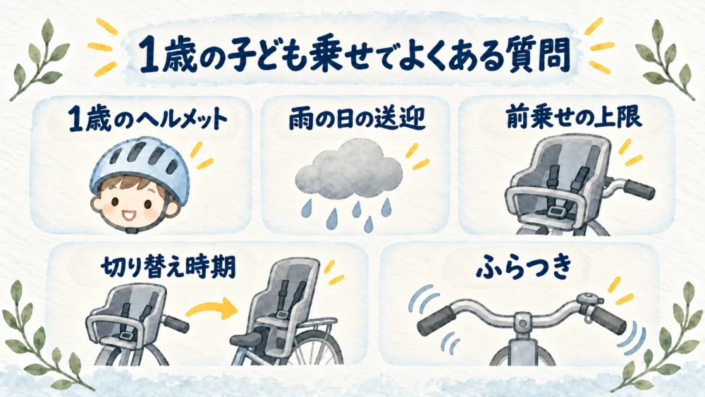1歳の子ども乗せに関するヘルメット、雨の日、前乗せの上限、切り替え時期、ふらつきのFAQ項目