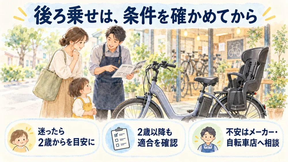 迷う場合は後ろ乗せを2歳からの目安とし、2歳以降も適合を確認して不安があればメーカーや自転車店へ相談するまとめ図