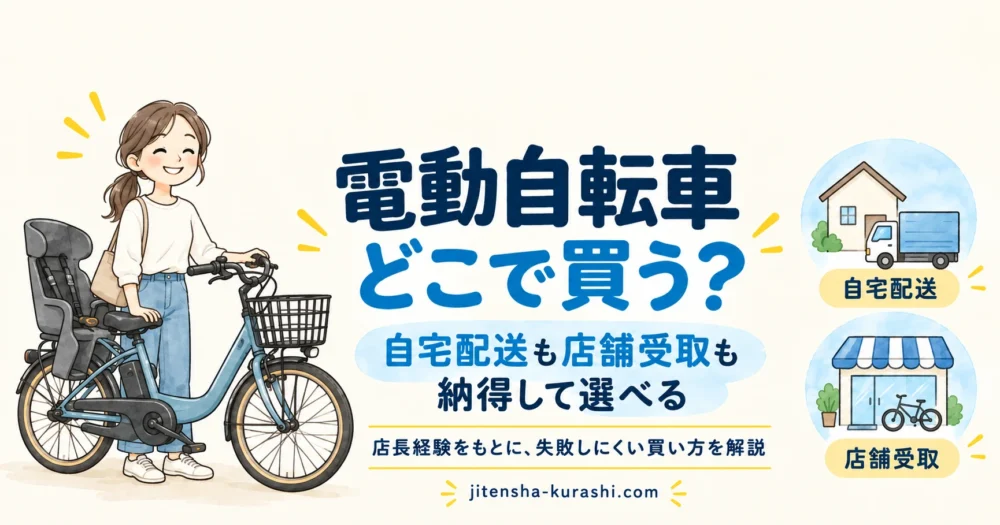 電動自転車の購入先を自宅配送と店舗受取から選ぶ記事のアイキャッチ