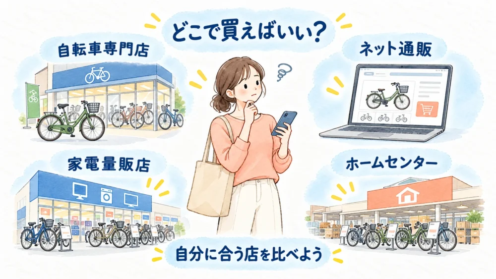 どの購入先が自分に合うか迷う読者と、自転車専門店、ネット通販、家電量販店、ホームセンターの4つの選択肢