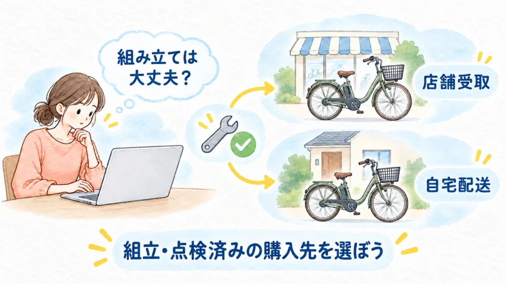 組立への不安を感じる女性と、店舗受取か自宅配送を示す図解。「組立・点検済みの購入先を選ぼう」と案内