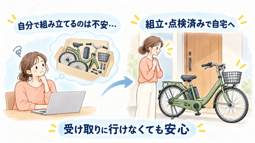 自分で組み立てる不安から組立・点検済みの自宅配送への安心を描く2場面。「受け取りに行けなくても安心」