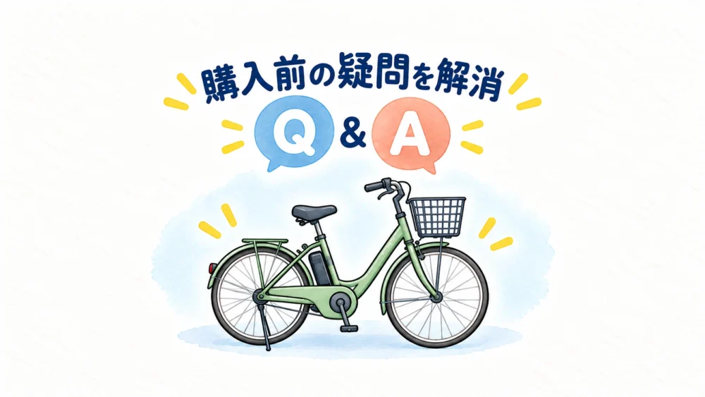 購入前の疑問を解消、Q＆Aの文字と電動自転車だけを中央に配置したシンプルな水彩イラスト