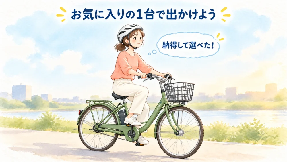 自分に合う方法で購入した電動自転車で、明るい気持ちで出かける女性。納得して選べた満足を表す締めの水彩イラスト